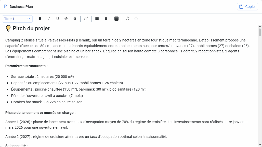 Présentation des 9 sections généré par l'agent IA BP